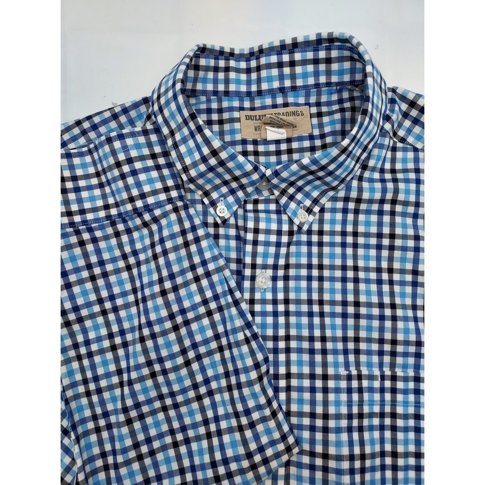 Duluth Trading Co Wrinkle Fighter Plaid Button Down Shirt Blue Navy Mens Large